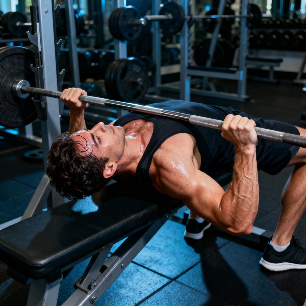 Atleta ejecutando press de banca con barra para ganar masa muscular