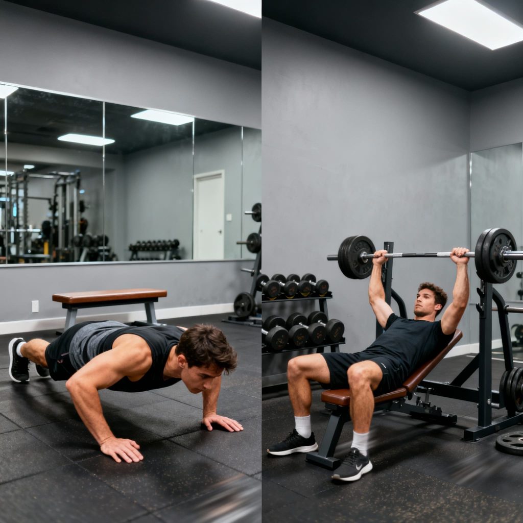 Comparación visual entre flexiones y press de banca para hipertrofia muscular