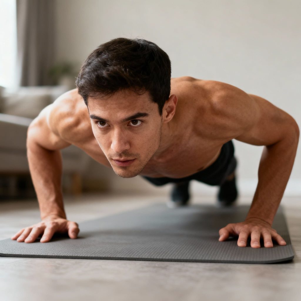 Persona realizando flexiones con tecnica perfecta para desarrollar pectorales